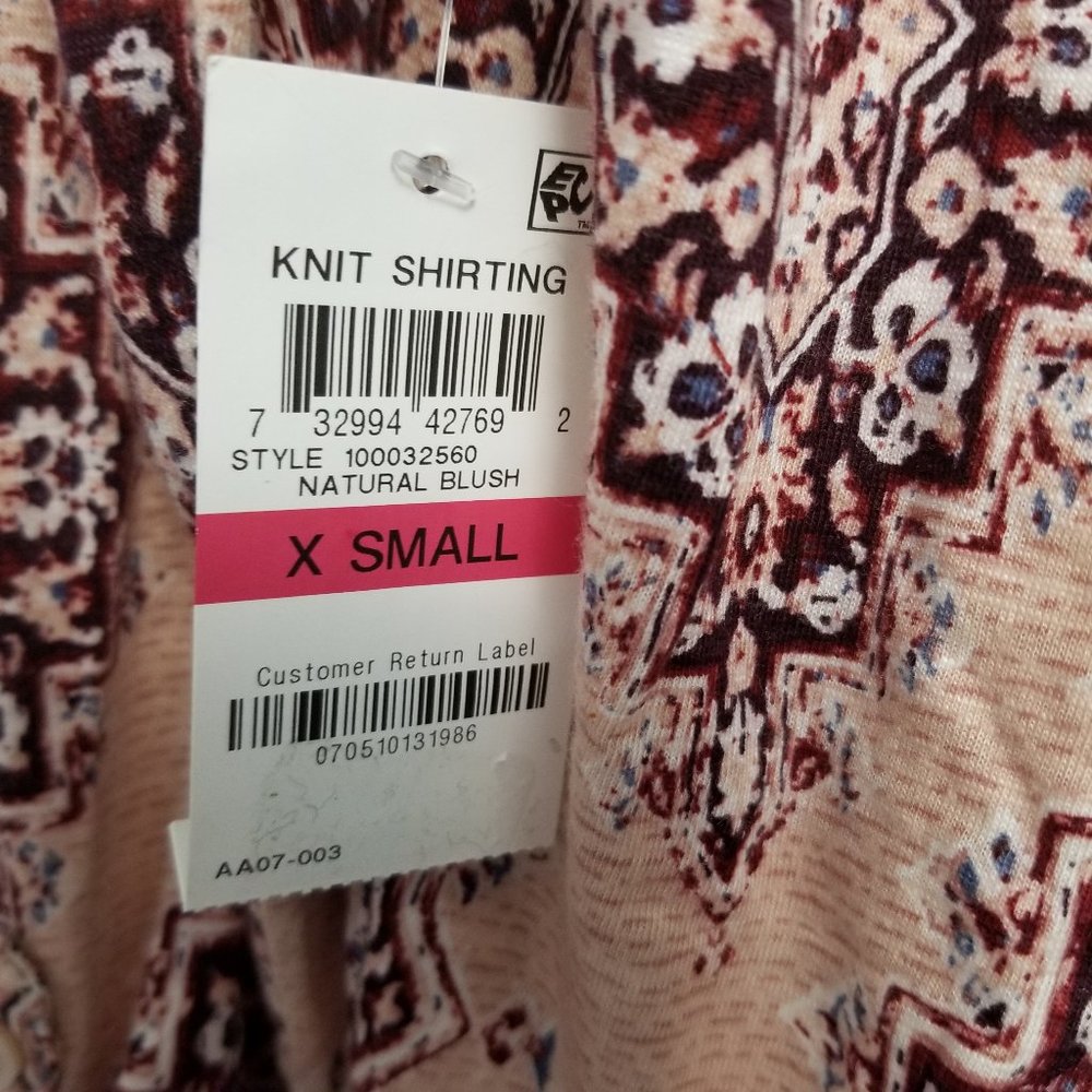 Style & Co Women’s Boho Tunic Cream Tan XS Split Neck Mixed Print New - Picture 6 of 13